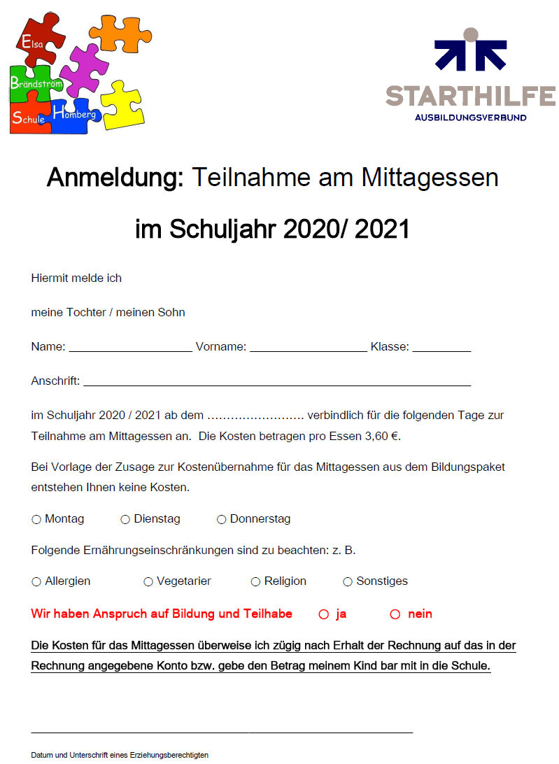 Elsa-Brändström-Schule Homberg/Efze - Anmeldung zum Mittagessen 2020/21